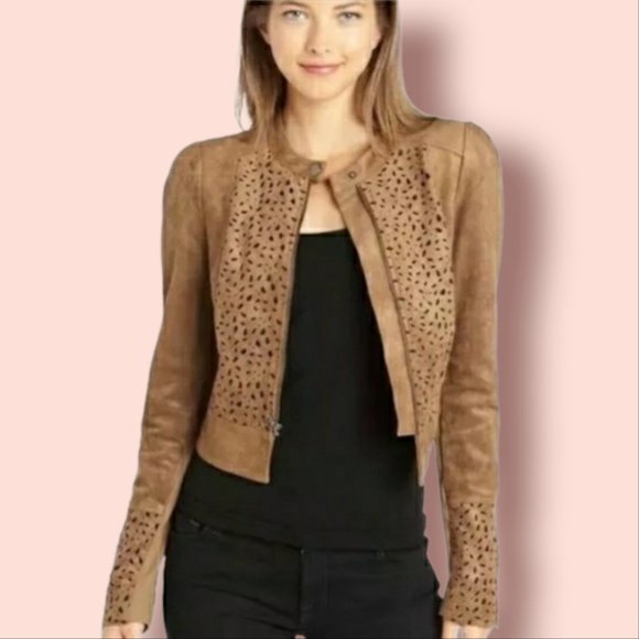 BCBGMaxAzria Skyler Faux Suede Cropped Moto Jacket Size Small Laser Cutouts - Picture 2 of 11